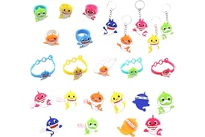 ROPNIIK Paquete de 25 llaveros de tiburón, pulsera y anillos de clip para el pelo, juego de broches con colgante de tiburón, suministros para fiesta de cumpleaños, regalo para niños y niñas