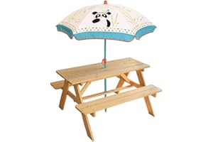 Fun House | Table Pique-Nique en Bois avec Parasol Panda Blanc pour Enfant | H53 x L95 x P75 Cm | Parasol Ø100 Cm | Mobilier Extérieur Ludique | Idée Cadeau Plein Air Enfant Dès 3 Ans