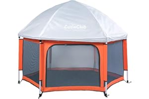 CutieClub przenośny kojec do zabawy z materacem bezpieczeństwa dla niemowląt i niemowląt, najlepszy 6-panelowy dziecięcy kojec z baldachimem anty-UV do użytku wewnątrz i na zewnątrz (pomarańczowy)