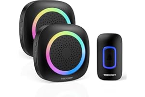 TECKNET Bezprzewodowy Dzwonek z 2 Przenośnymi Odbiornikami, Dzwonienie z RGB, na Baterie, IP66, Zestaw Dzwonków Wodoodpornych, Zasięg 1300ft, 60 Melodii i 5 Poziomów Głośności, Czas Pracy do 4,5 Roku