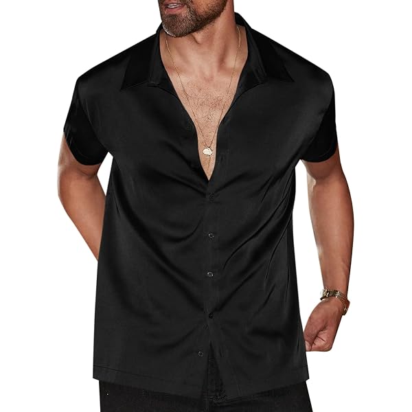zeroyaa dress shirts Zeroyaa Mens Shiny Black Dress Shirt Summer Casual Satin Shirt ZEROYAA  Men's Shiny Silk Satin Shirt
