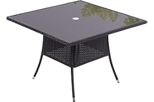 THE FELLIE Fellie Patio Garden Rattan Table with Tempered Glass Top - Outdoor Bistro Table with Umbrella Hole (Black, Square)