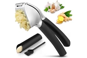 AHLMA Ensemble Presse Ail 3 pièces Presse Ail inox Professionnel Presse ail Manuel avec éplucheur d'ail et Brosse de Nettoyage Extra solide et durable, facile à nettoyer, passe au lave-vaisselle