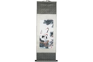 lachineuse – Kakemono japanische Kraniche – Wandteppich – japanische Hängedekoration – 100 x 30 cm – Symbol der Langlebigkeit – japanischer Gemäldedruck – graue Farbe – Geschenkidee Japan Asien