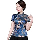 ACVIP Women's Flower Print Cheongsam Top Stand Collar Short Sleeve Chinese Blouse