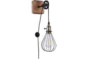 B·LED BARCELONA LED BarcelonaLED Applique Murale Vintage Bois avec Prise de Câble et Interrupteur Poulie Industrielle Suspendue Support de Lampe Cage E27 Socket