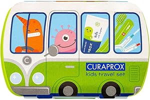 Curaprox Set de Viaje Kids-Cepillo de Dientes, Pasta de Dientes y Cepillos Interdentales/Filamentos Curen ® Ultrasuaves/Set de viaje Compacto para Niños (Verde) / Fabricado en Suiza