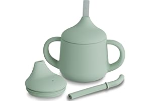 Moonkie Kubek Treningowy 3-Stopniowy, Silikonowy Kubek do Picia dla Dzieci, Kubek Słomy dla Niemowląt, Kubek z Ustnikiem, z Uchwytem, Kubek Niekapiący, Odpowiedni do Zmywarki, 4 Uncje(Szary zielony)