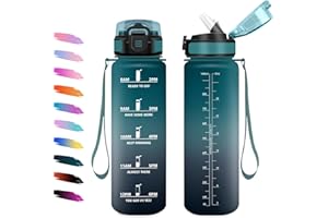 KOLLYKOLLA Borraccia Sportiva 1L, Bottiglia con Cannuccia, a Prova di Perdite, Facile Pulizia, Bottiglia Acqua Motivazionale con Indicatore del Tempo, per Campeggio, Ciclismo, Scuola, Ufficio, Lavoro, Gym