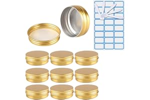 ZEOABSY 10 Pezzi Barattoli di alluminio 60ml a Vite Oro Scatola in Alluminio Forma Rotondo, Vasetti per DIY Candele Cosmetico Caramella Gadget Balsamo Labbra, 1x Etichette e 5x Spatola