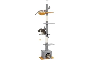 PawHut Arbre à Chat du Sol au Plafond, Hauteur 275 cm, Tour de Jeux pour Chat, 6 Niveaux, avec Plate-Formes, Niche, hamac, Balle, griffoirs, pour Grimper, gratter et Jouer, Gris Clair