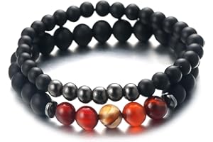 Halukakah Męska bransoletka z koralikami z magnetycznego kamienia hematytu, czarny matowy agat, kamień naturalny, kryształ leczniczy wielokolorowa, elastyczna bransoletka, zestaw 2 bransoletek z bezpłatnym pudełkiem prezentowym