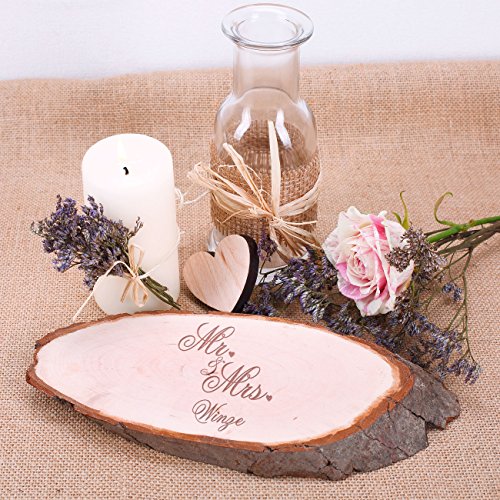 Cera & Toys® Holzscheibe oval ca. 23-26 cm lang für Vintage Hochzeit mit Gravur – Mr & Mrs – mit Namen & Datum ideal als Tischdekoration zur Hochzeit - 2