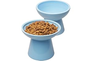 CEEFU 2 extra breite erhöhte Katzenfutterschüssel, erhöhter Anti-Erbrechen, Katzen-Futterschnapf, Schnurrhaar, stressfrei, Hund, Zwei Näpfe, Keramik, Katzen-Futternäpfe, Blau