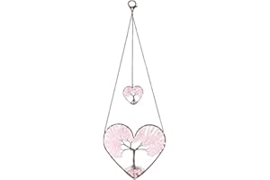 Jovivi Rose Quartz Heart Tree of Life Dream Catcher Hanging Ornament Bohemian Pink Double Hearts Tree of Life Crystal Window Car Wall Art Hanging Decorations for Home Bedroom Decor