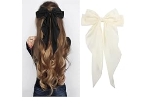 CSDPC 2Pcs Big Hair Bow Hair Clips Hair Slides Solid Color Bowknot Hairpin French Barrette with Long Silky Satin Tail for Women Girls Hair Barrettes Scrunchies Accessories (Black+White)