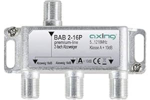 Axing BAB 2-16P Répartiteur 2 Voies 16 DB Câble TV CATV Multimédia DVB-T2 Classe A+, 10 DB, 5-1218 MHz Métal