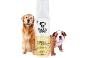 Buddycare Shampoo secco senza acqua per cani (200 ml) | Shampoo per cani senza risciacquo alla vaniglia e burro di karité per pelli sensibili