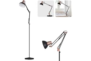 FIRVRE Lampada da Terra a LED, Piantana Girevole in Metallo Retrò, 3 Modalità di Utilizzo - Lampada da Terra, Tavolo e Clip, Lampada da Lettura per Architetti E27 con Pulsante