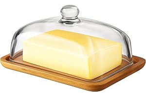 WINDFROMORT Beurrier - Beurrier en Verre – Boîte à Beurre pour Frigo, butter Dish avec Base en Bambou, beurrier pour Conserver le beurre, Fromage, Gâteau, Snacks et Petit Déjeuner