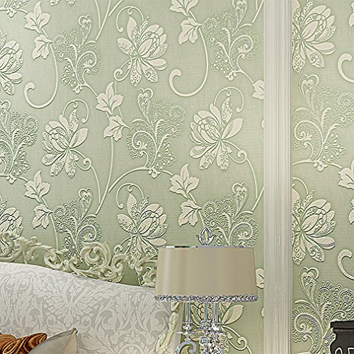 Kinlo 0.53x10m 3D Relief Blumentapete Vliestapete Wandtapete Mustertapete für Wohnzimmer Kinderzimmer und Schlafzimmer Hellgrün - 6