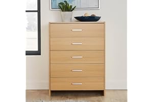Home Source Chest Bedroom Furniture 5 Drawer Silver Handles Metal Runners, Oak Effect, MDF