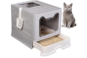kathson Große Faltbare Katzentoilette mit Schublade Geschlossenes Katzentöpfchen mit Deckel Top-Entry-Toilette Anti-Splashing Katzenzubehör mit Kunststoff-Schaufel Kitty Toilette (Grau)