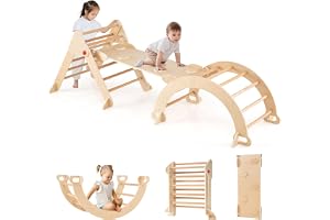 Fantasy 4-i-1-klättertriangel med rutschkana, klätterbåge, inkl. dubbelsidig ramp, klätterställning trä för klättring, glidning och gungning, Montessori ribbstängtriangel för från 3 år (natur)