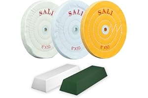 SALI 3er Pack Polierscheiben Set für Bohrmaschine & Polierbock 200mm Schwabbelscheiben mit Polierpaste Kit Für Metalle & Holz Gelbe, Weiße Baumwolle & 50-lagige Baumwolle Polierscheibe