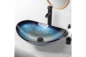 YU YUSING Countertop Washbasin Glass Washbasin Oval Hand Wash Bowl with Tap Set, Bathroom Kitchen Guest Toilet, Modern Blue