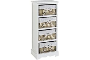 Home Source Bedroom Wooden Storage Unit, Woven Willow Wicker Baskets, 4 Drawer Cabinet Chest, White