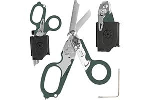 MAHIOT 6 in 1 Emergency Response Shears Emergency Scissors Tool Stainless Steel Foldable Scissors Pliers with Strap Cutter and Glass Default (Military Green)