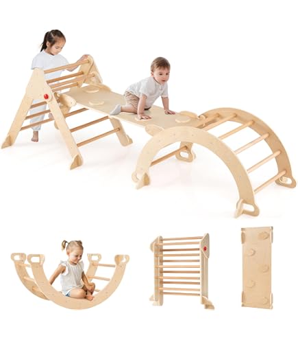 AIYAPLAY Triangle D’escalade 5 En 1 – Arche, Toboggan Réversible, Bascule – Bois De Pin – 18-48 Mois – 50 Kg