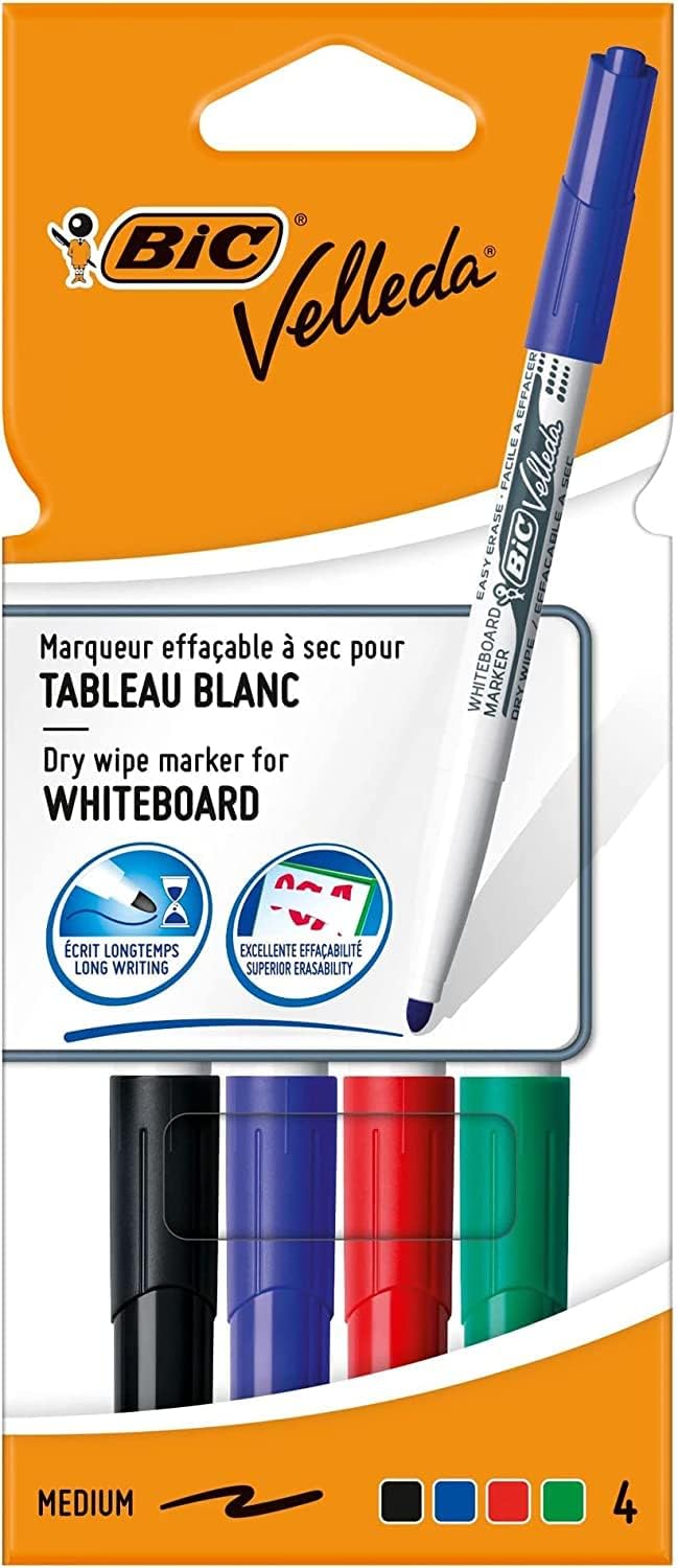 BIC 1741 Velleda Lot de 4 marqueurs pour tableau blanc à pointe ogive, épaisseur de trait 1,4 mm, 4 couleurs assorties