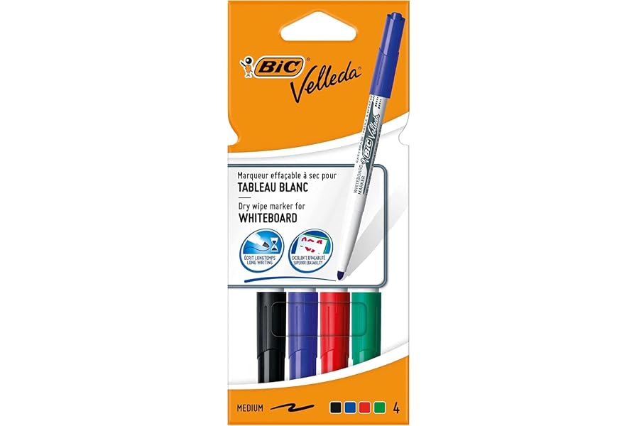 BIC Velleda 1741 - Rotuladores de pizarra blanca, punta media (4.5mm), caja de 4 unidades, colores surtidos