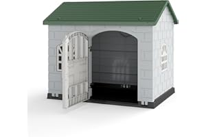 GYMAX Caseta para Perros al Aire Libre, Casa de Plástico para Perros, Refugio para Cachorros con 3 Ventanas y Puerta con Cerradura, Techo Inclinado, para Interior, Exterior, Hogar (Verde+Gris)