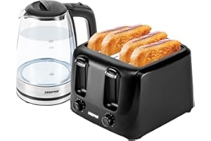 Geepas 4 Slice Bread Toaster & 1.7L Illuminating Electric Glass Kettle Set – 2200W Cordless Jug Kettle, Auto Shut Off & Boil Dry Sensor – 1400W Toaster with Dual Control & 6 Level Browning, Black