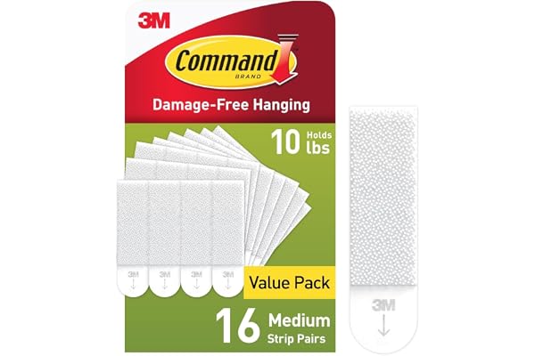 3M Command Medium Picture Hanging Strips, Holds 5kg, Damage free, Heavy Duty, Holds Strongly, Adhesive hooks for wall, Multi-surface, hooks for hanging (White, 32 strips), Foam
