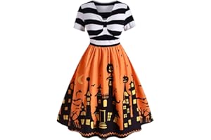 CHARMMA Damen-Halloween-Kleid in Übergröße, lustiger Kürbis, gruselige Fledermaus, Mondschloss, Halloween-Kostüm, Vintage-A-Linie, gestreifte Flare-Kleider für Frauen