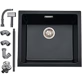iAnomla Kitchen Sink 45x45cm, Undermount Sink Granite, Black | Compatible Recessed and Under Countertop Installation, Include