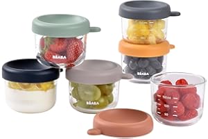 BÉABA, Coffret 6 Portions Verre Conservation Repas Bébé/Verre Résistant, 100% Hermétique, Résiste Chaleur Froid, Congélation, Stérilisation, Graduation, 150 ml, Sunrise