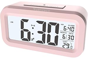 Yuanzeco 4.5" Display-Digital Clock with Large Screen,Night Light Digital Clock with Temperature Display,Alarm Clock with Battery Powered,Office,Kids,Elder Snooze Clock (pink)
