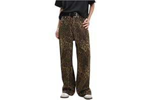 vokkrv Donna Jeans Leopardati Gamba Larga Oversize Pantaloni in Denim Hip Hop Vintage Vita Alta Streetwear Allentato Primavera Elegante Marrone Chiaro Taglie Forti S-3XL