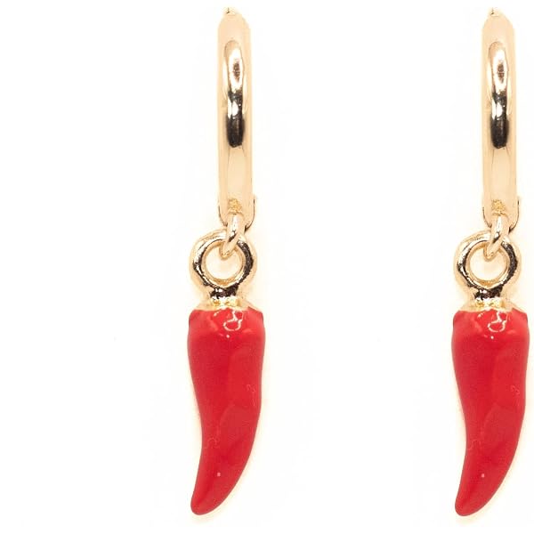 Orecchini Donna A Cerchio Con Ciondolo Corno Portafortuna Rosso - Acciaio Inox 4 Cm, Confezione Regalo - 4