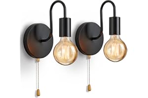Lightess 2Pcs Wall Light with Switch Pull Cord Wall Lights E27 Socket, Retro Metal Iron Wall Sconces Industrial Wall Lamp for Bedroom Living Room Hallway (No Bulb, Black)