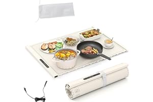 SOARS Scaldavivande Elettrico Portatile, Tappetino Riscaldante Pieghevole in Silicone, Temperatura Regolabile a 3 Livelli, 3 Timer, Vassoio Riscaldante per Feste, Buffet, Riunione (Bianco, 60 X 44 CM)