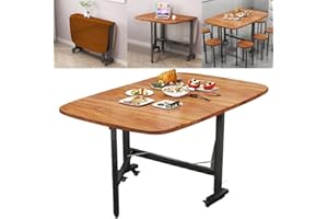 Rukulin Multifunction Table Drop Leaf Dining Table - 120cm Solid Wooden Foldable Kitchen Table with 6 Wheels