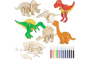 AUGESAK Kit de Dinosaurios de Madera 12 Piezas - Juego de Bricolaje y Pintura DIY 3D para Niños - Manualidades Creativas Regalo de Cumpleaños