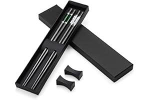 HAOSELL Lot de 2 Paires de Baguettes japonaises de qualité supérieure en Alliage Noir - avec 2 rangements pour Baguettes - en Acier Inoxydable avec support
