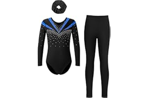 Yruioon Tenue De Gymnastique Pour Filles Ensemble De Gym Avec Pantalon Bandeau Pailleté Justaucorps Danse Classique Manches Longues Leotard Gymnastique Costume 5-16 Ans
